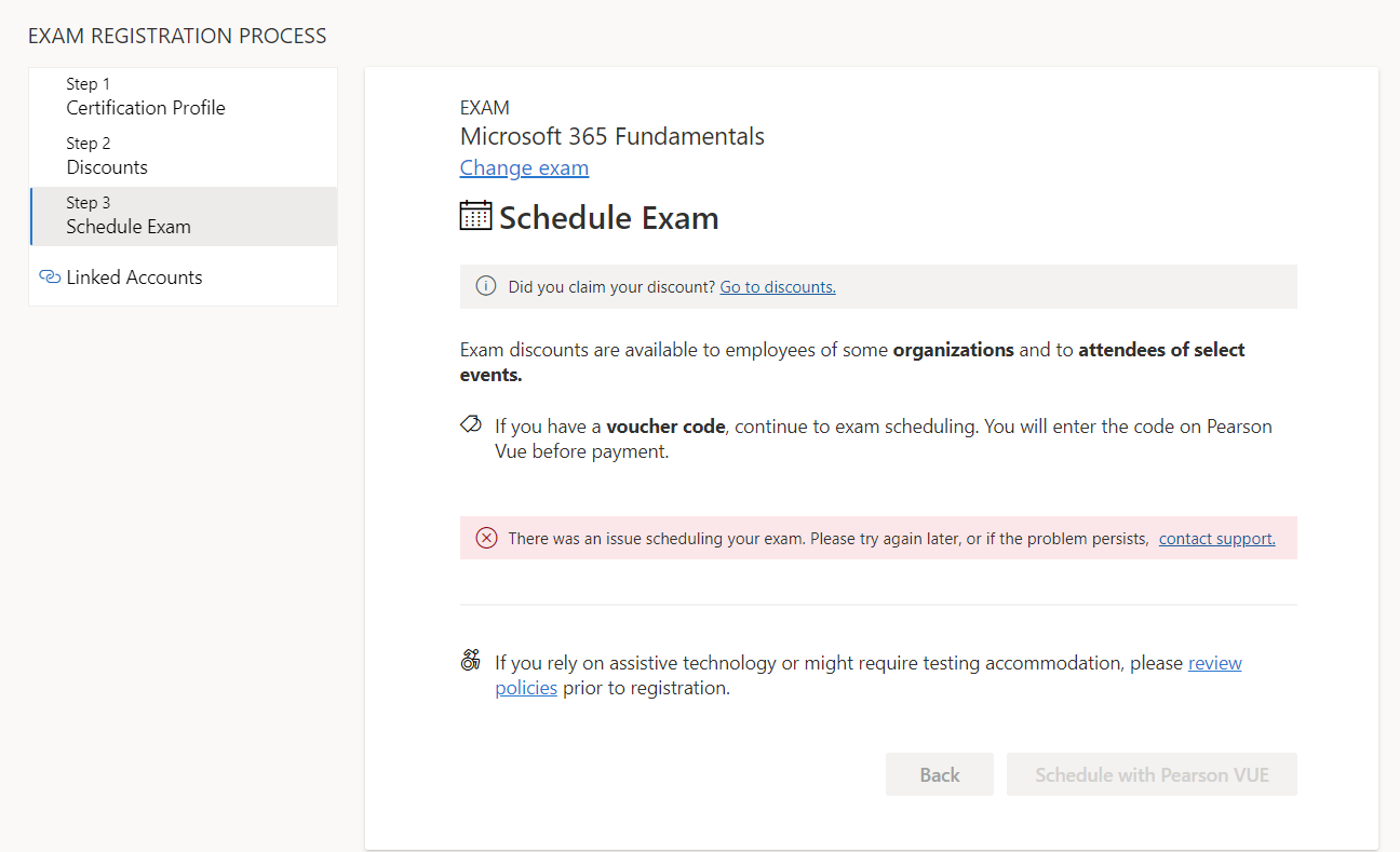 MS900 Reschedule Exam Error