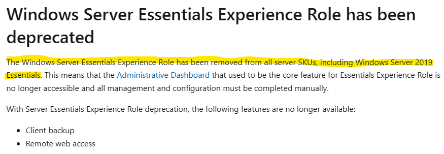 Windows Server Essentials Experience gone - Microsoft Q&A
