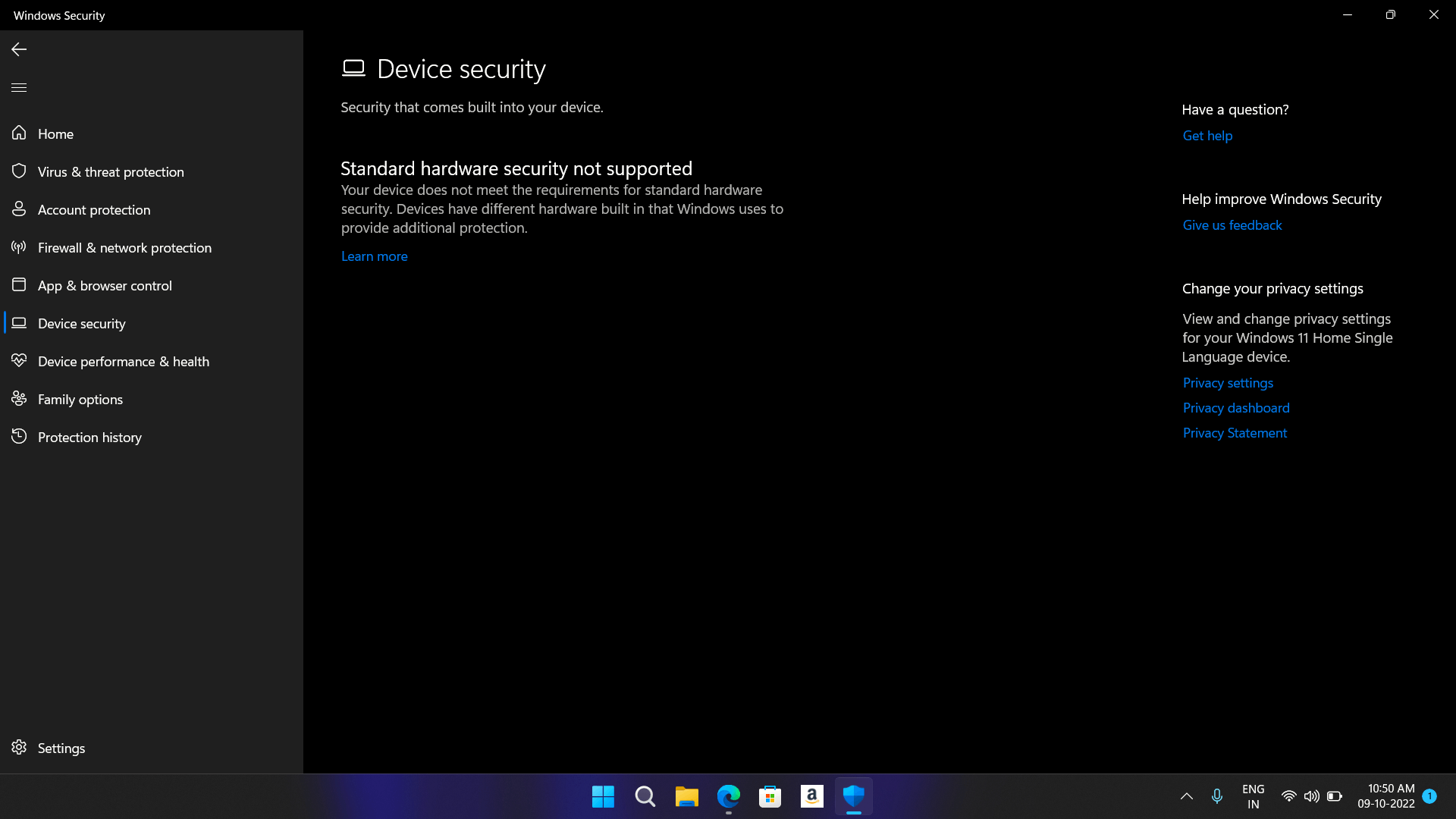 If I click on Device security, It opens this page with no features