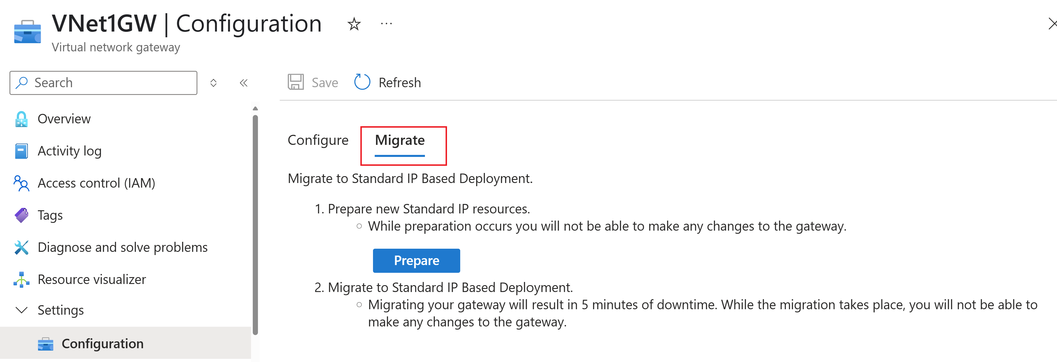 Screenshot of the migrate tab for migrating a virtual network gateway.