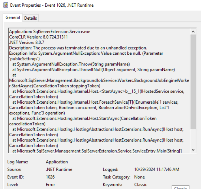 How to fix Sql Server Extension Service from terminating 