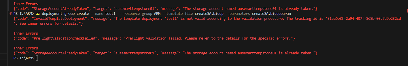 Storage account creation failure using bicep template - Microsoft Q&A