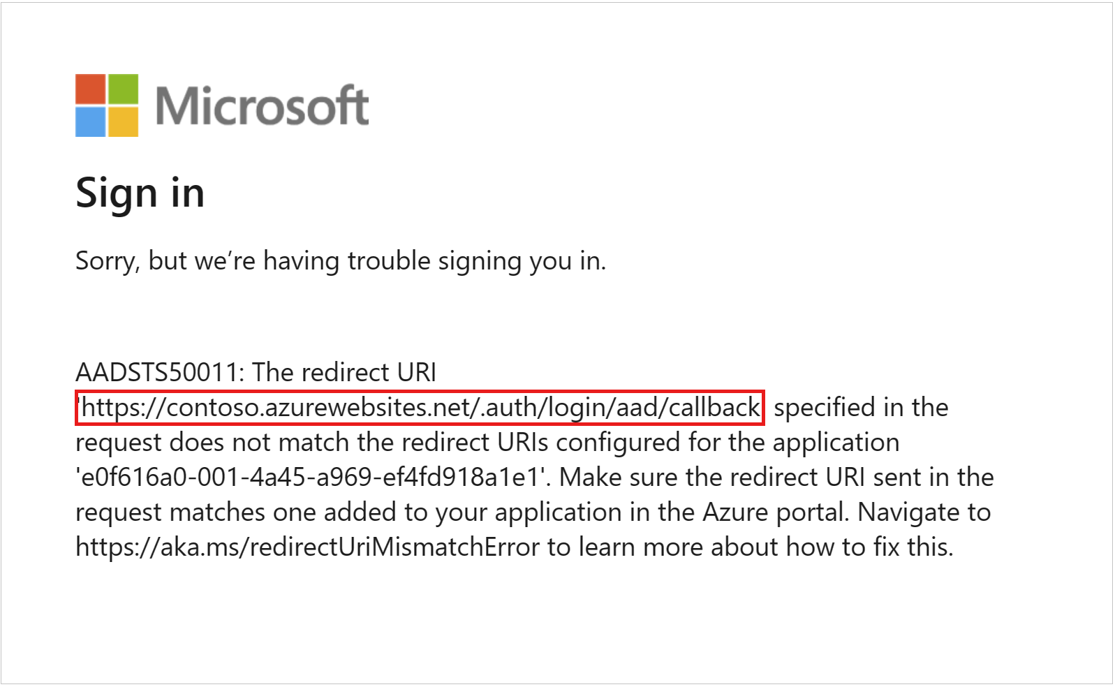 The screenshot about redirect URI in the AADSTS50011 error message