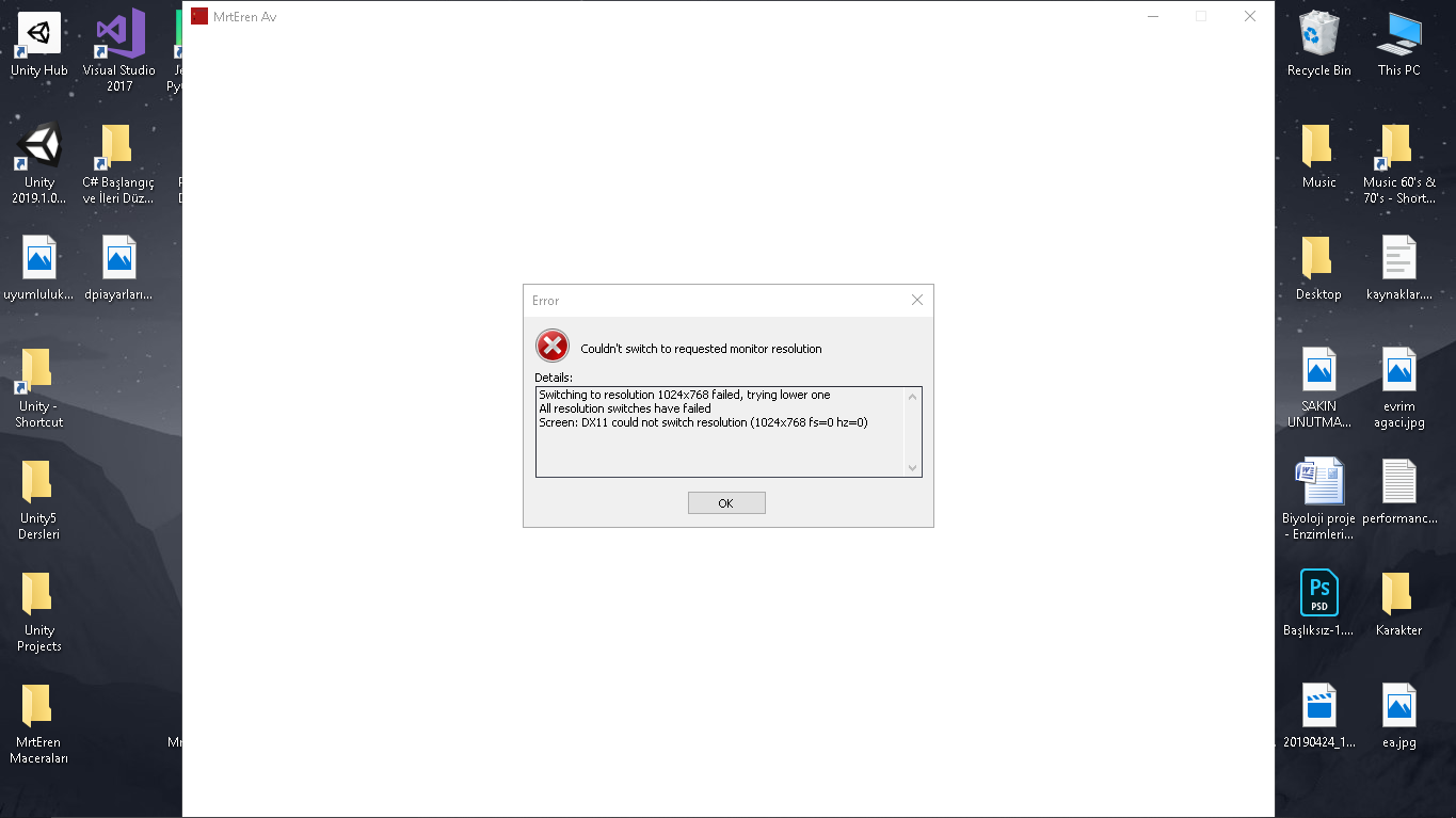 Unity 2019 ve Directx12 , Couldn't switch to requested monitor ...