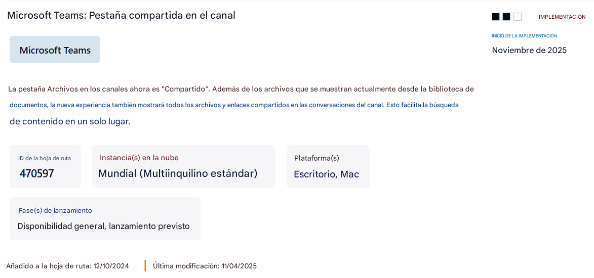 Microsoft Teams: Pestaña compartida en el canalIMPLEMENTACIÓNMicrosoft TeamsINICIO DE LA IMPLEMENTACIÓNNoviembre de 2025La pestaña Archivos en los canales ahora es "Compartido". Además de los archivos que se muestran actualmente desde la biblioteca de documentos, la nueva experiencia también mostrará todos los archivos y enlaces compartidos en las conversaciones del canal. Esto facilita la búsqueda de contenido en un solo lugar.ID de la hoja de rutaInstancia(s) en la nubePlataforma(s)470597Mundial (Multiinquilino estándar)Escritorio, MacFase(s) de lanzamientoDisponibilidad general, lanzamiento previstoAñadido a la hoja de ruta: 12/10/2024Última modificación: 11/04/2025
