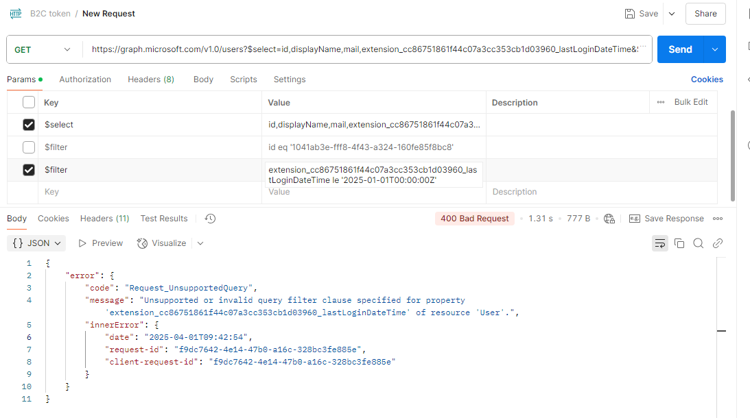 Issue Filtering Azure AD B2C Users by DateTime Custom Attribute using ...