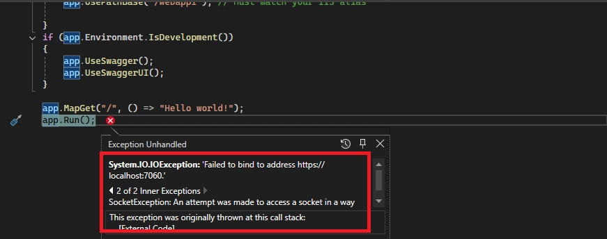 IOException on the port 7060 - Microsoft Q&A