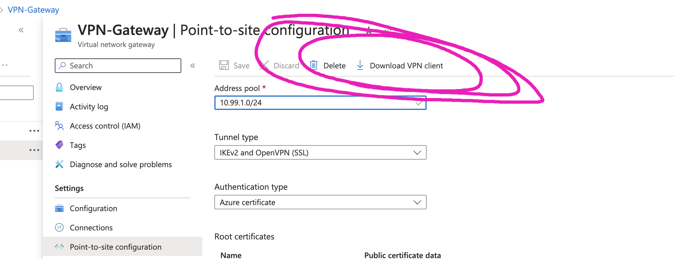 virtual network gateway - p2s configuration - download client