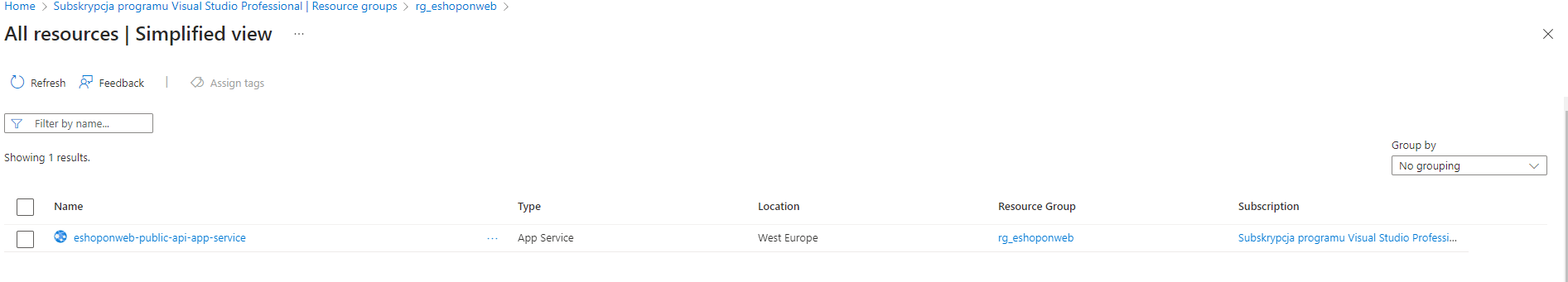 Why my services are not visible in a resource group Simplfied view ...