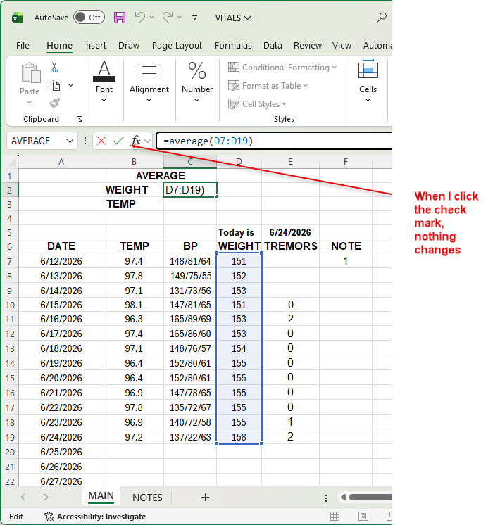Vitals spreadsheet press ENTER does nothing