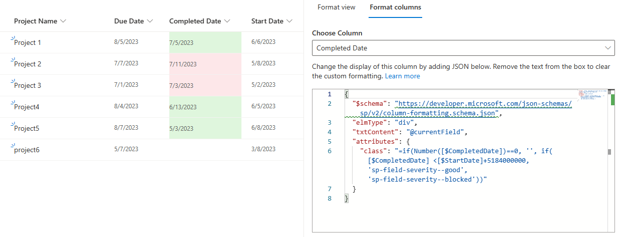 sharepoint-json-conditional-formatting-compare-two-date-columns-and