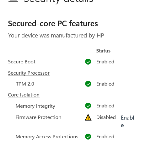 Can't turn on 'Firmware Protection' in Core isolation of Windows ...