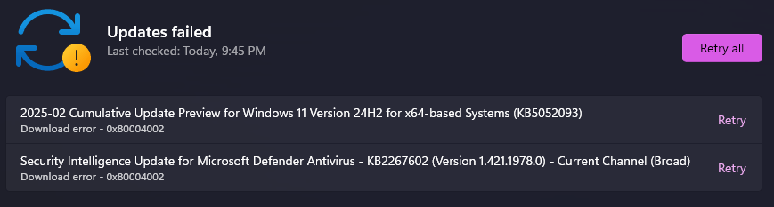 Unable to reset and update Windows, Unable to update Windows Security ...