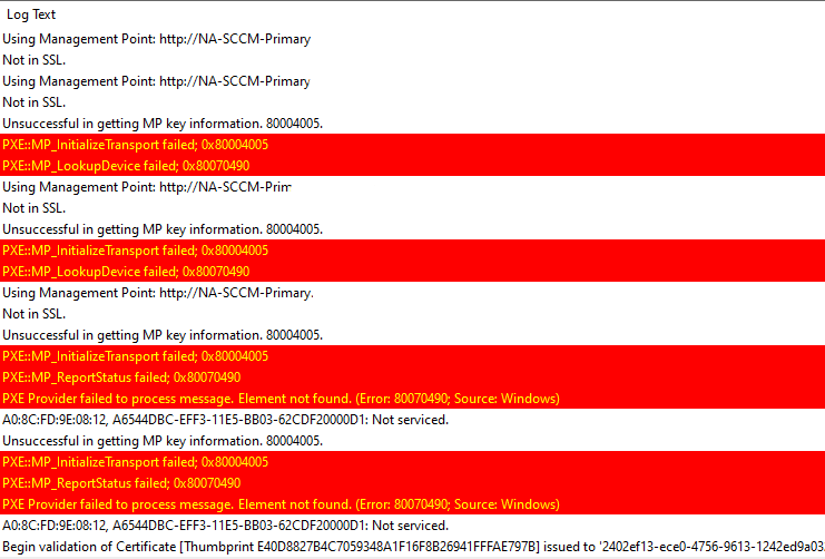PXE::MP_InitializeTransport failed; 0x80004005 PXE