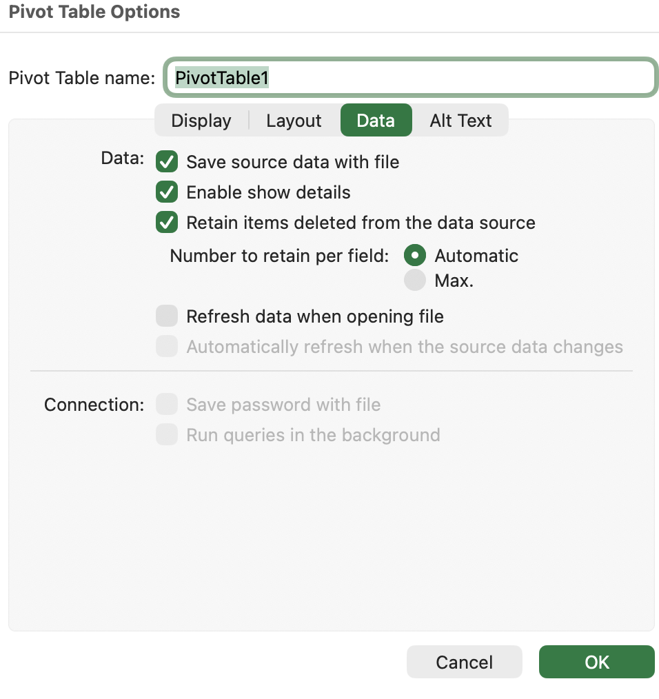 Pivot Table Options