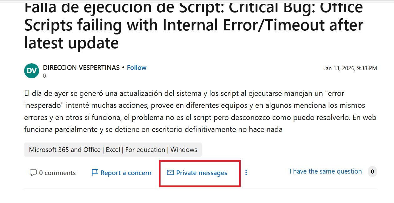 Falla de ejecución de Script: Critical Bug: Office Scripts failing with ...