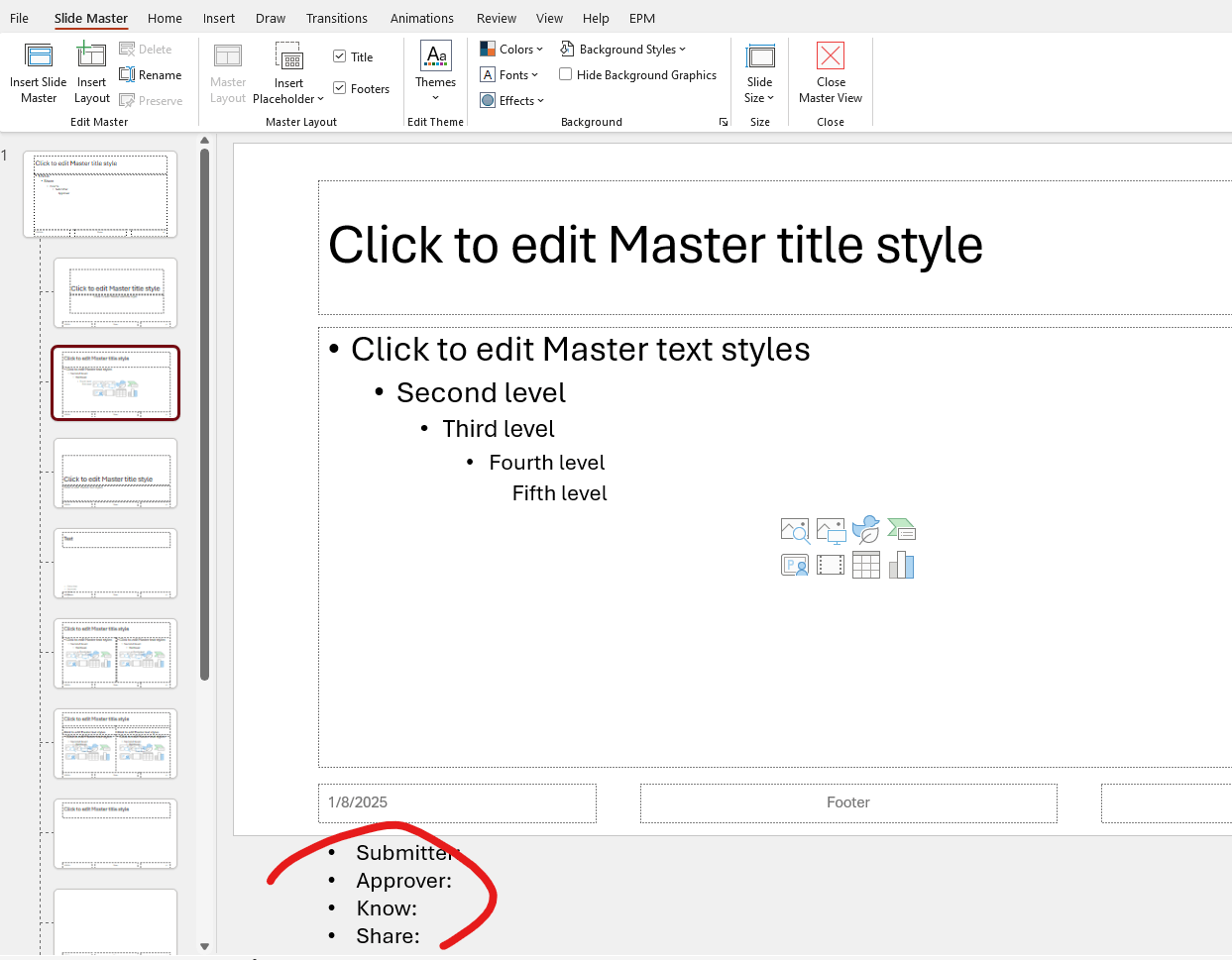 PowerPoint notes 'template' in Slide Master? For every slide ...