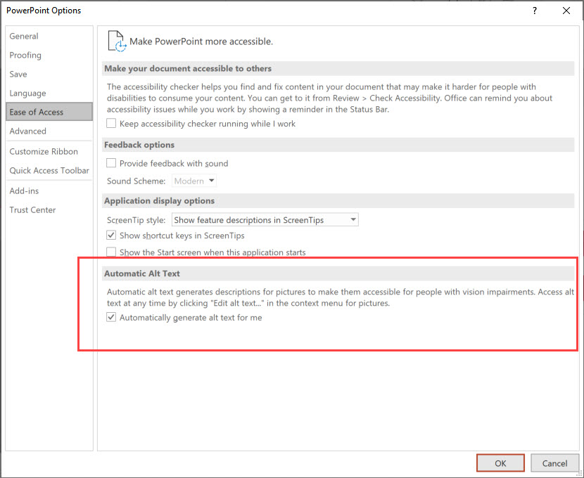 Missing Automatic Alt Text Group in PowerPoint Options on Some Machines ...