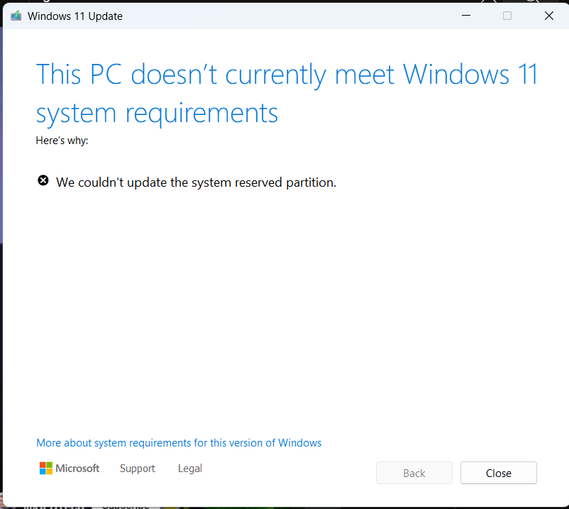 I can't update from 23H2 to 24H2 due to unable update system reserved ...
