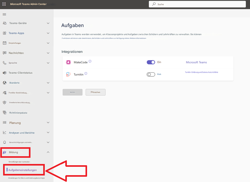 Microsoft Teams Admin CenterSucheTeams-GeräteAufgabenTeams-AppsAufgaben in Teams werden verwendet, um Klassenprojekte und Aufgaben zwischen Schülern und Lehrkräften zu verwalten. Sie können Funktionen aktivieren oder deaktivieren, die Schülern und Lehrkräften zur Verfügung stehen. Weitere InformationenBesprechungenNachrichtenIntegrationenMakeCodeSpracheEinMicrosoft TeamsTeams-ClientstatusTurnitinAusStandorteFrontline-Bereitstellung...SpeichernAbbrechenTurnitin-Erklärung und DatenschutzrichtlinieErweiterte Verschlüsselung...RichtlinienpaketePlanungAnalysen und BerichteBenachrichtigungen und mehr...BildungEinstellungen der InstitutionAufgabeneinstellungenEinstellungen für Eltern und Erziehungsberechtigte