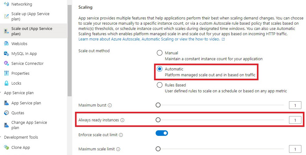 qna app service scaling always ready instances