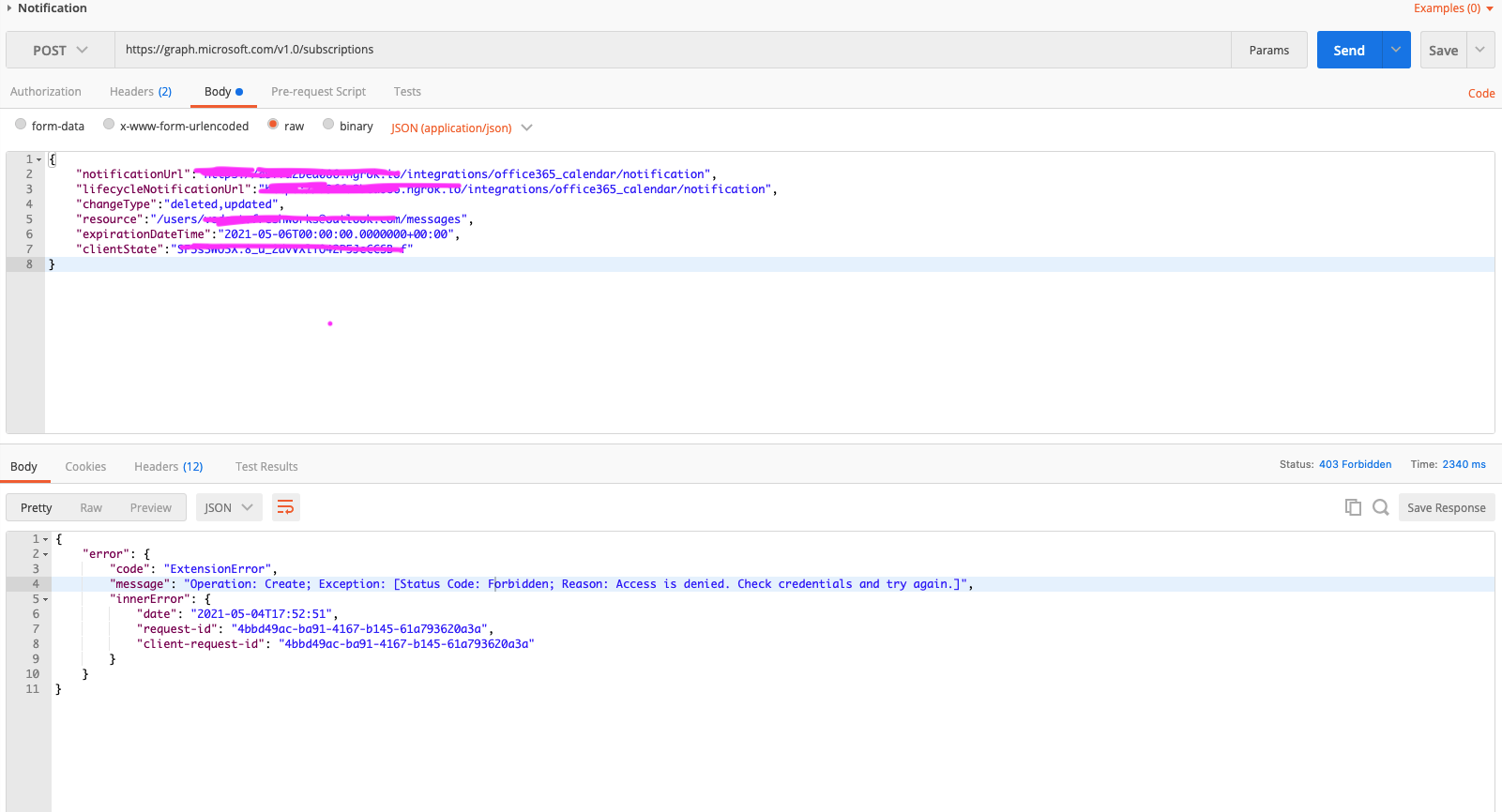 Unable to subscribe using graph api for events - Microsoft Q&A