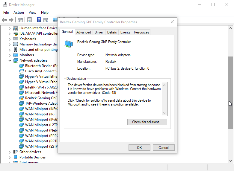 The driver for this device has been blocked from starting