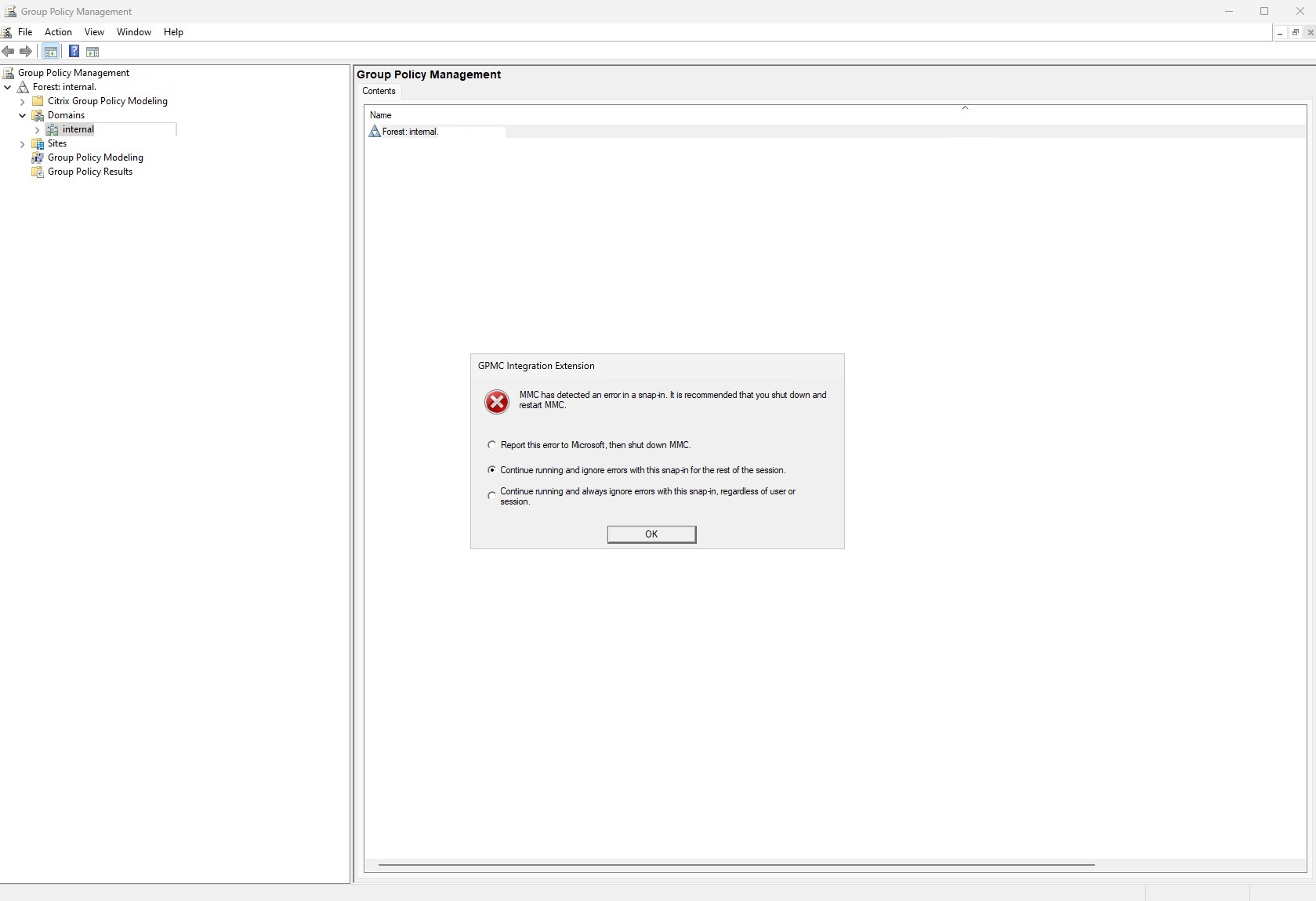 MMC error message when expanding domain in Group Policy Management