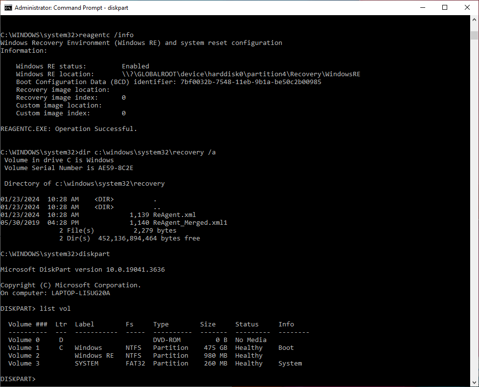 How do you test the Windows RE partition, set with the reagentc ...
