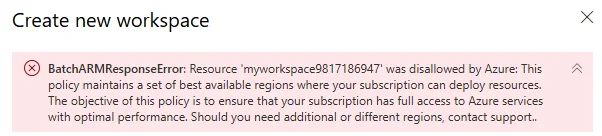r/AZURE - error in creating a workspace
