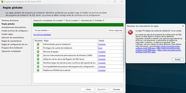 Error instalación SQL Server 2019-Reglas Globales-Privilegios de cuesta de instalación