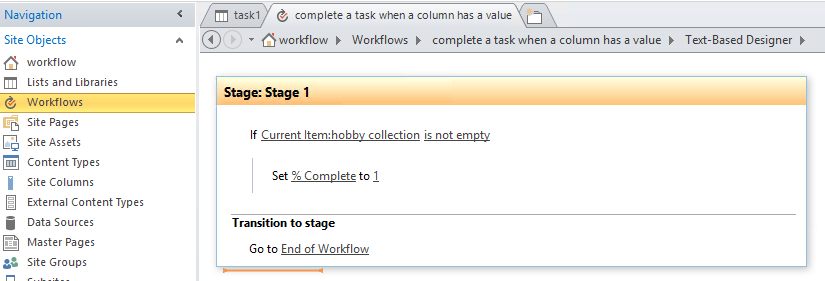Automatically let SharePoint workflow complete a task when a column has ...
