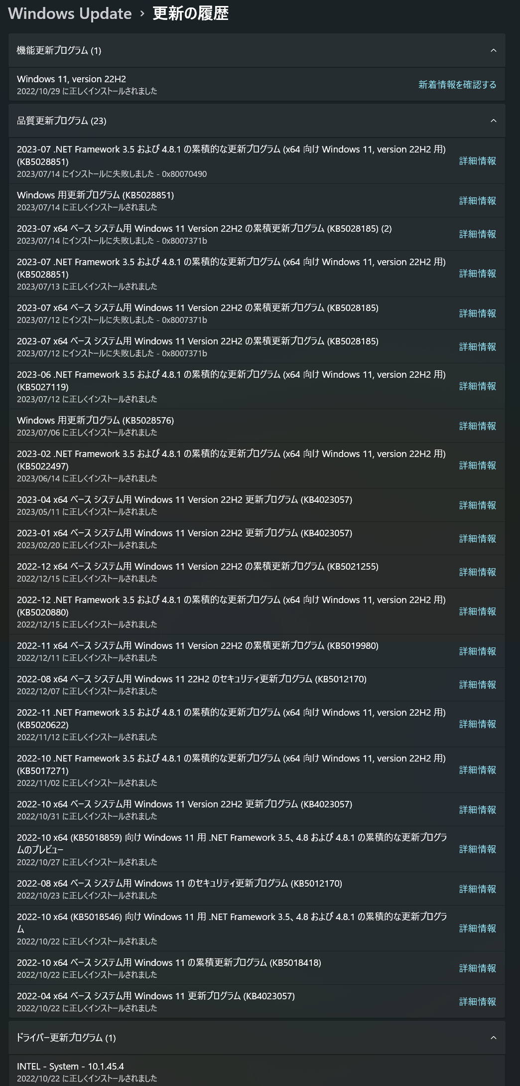 windows11アップデートエラーが起きました。2023-07 x64 Windows 11