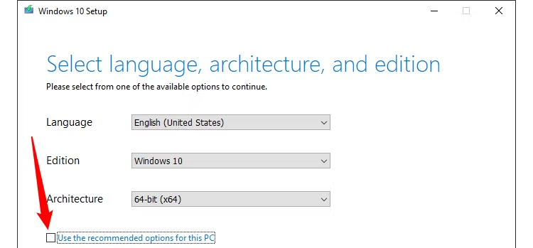 You can untick "Use the Recommend Options for This PC" if you want to use a different variant of Windows 10. 