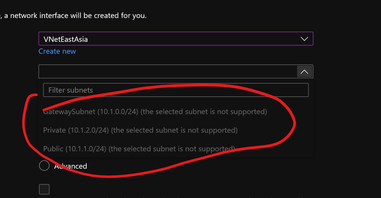 the selected subnet is not supported - Microsoft Q&A