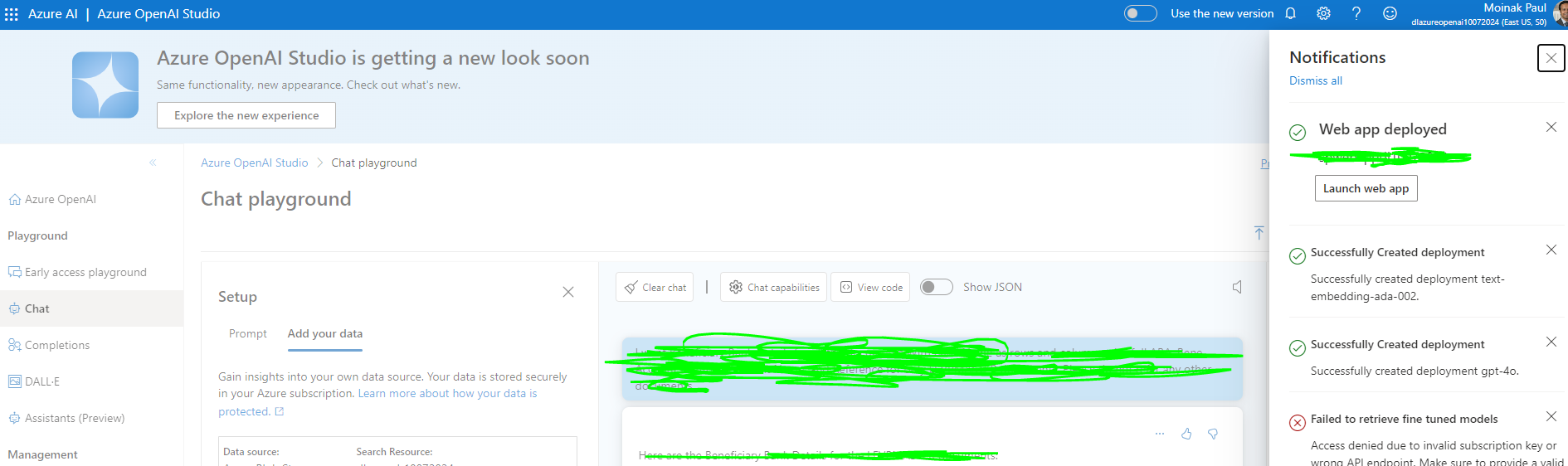 In Azure Open AI studio web app deployment not working - Microsoft Q&A