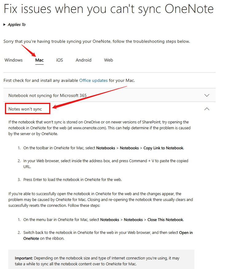 My OneNote will not sync on desktop app. I have a Mac book. It is ...