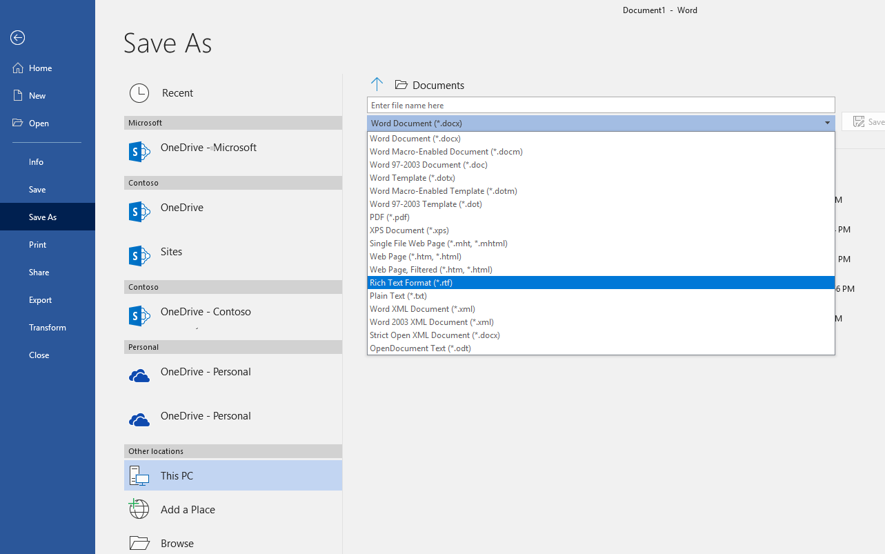 In Office 365 Word , how do I save file with .txt or .rtf? - Microsoft Q&A