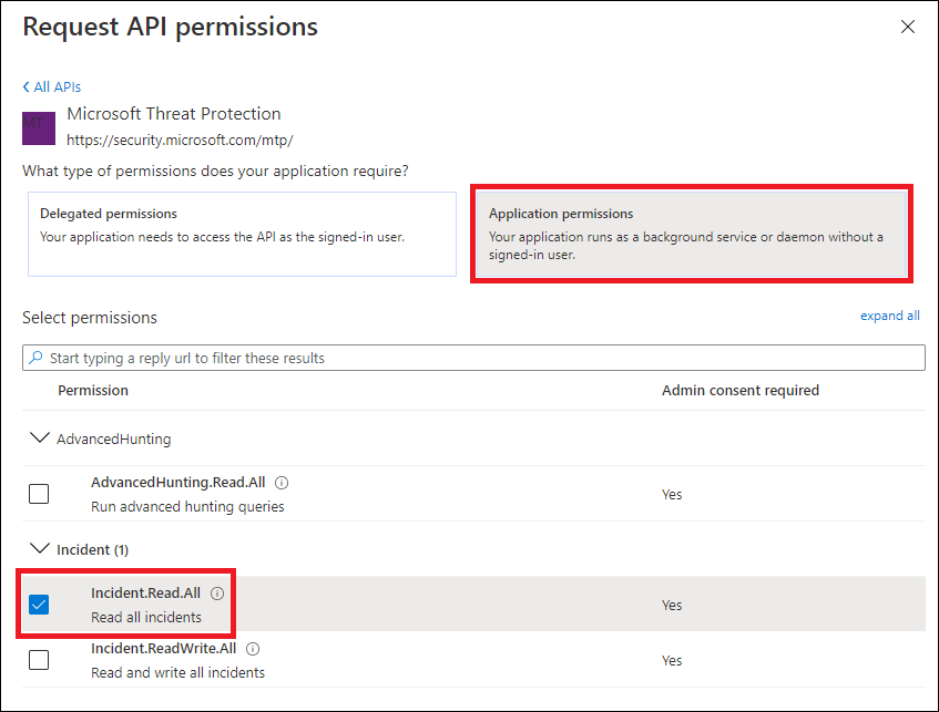 The application permission pane in the Microsoft Defender portal