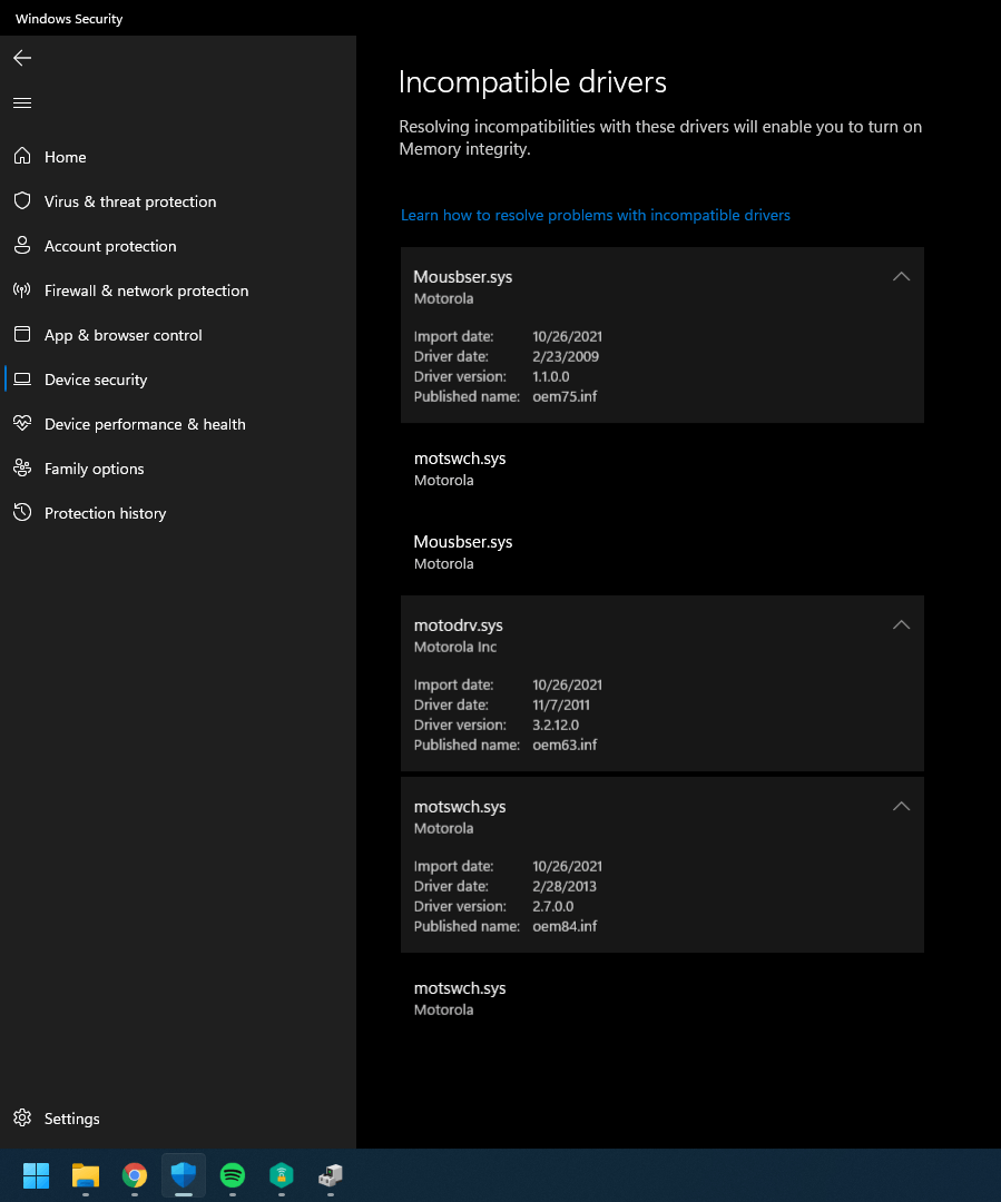 Unable to turn on core isolation due to incompatible drivers. They're ...