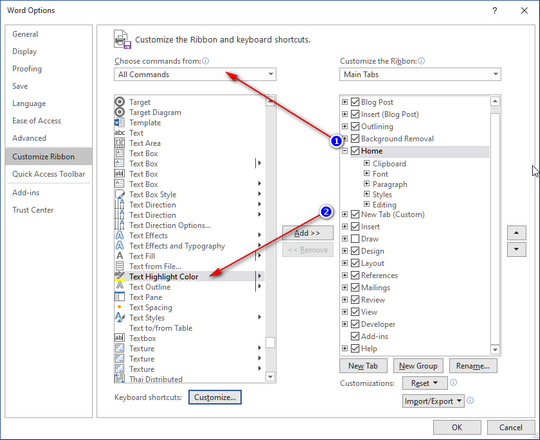 Word Text Highlight not appearing in list of All Commands - Microsoft Q&A