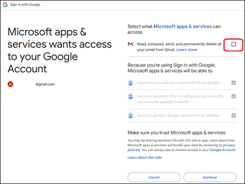 MS apps & services wants access check box
