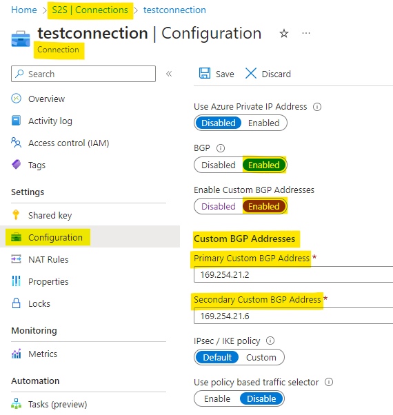 Not able to turn on the private IP or custom BGP addresses on the ...