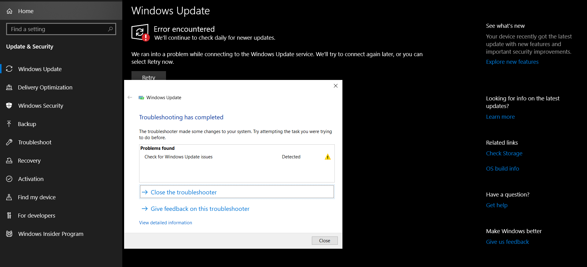 We ran into a problem while connecting to the Windows Update service ...
