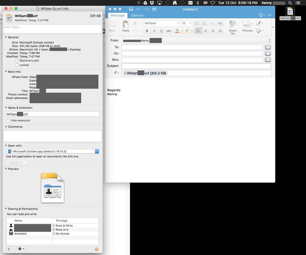 vcf card opens up as an email attachment on Outlook for Mac 2016 ...