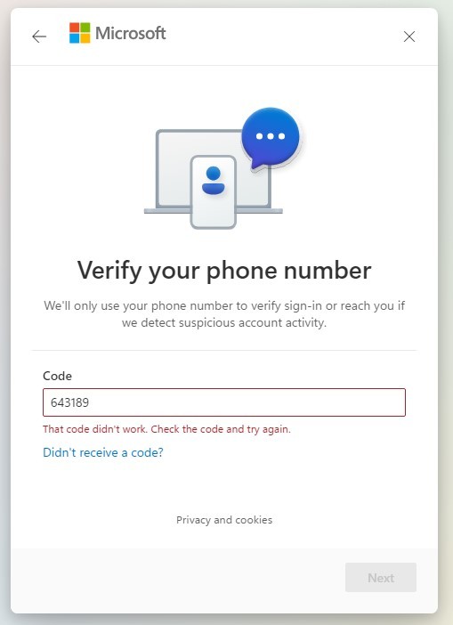 When I try to add a phone to my microsoft account with a security code ...