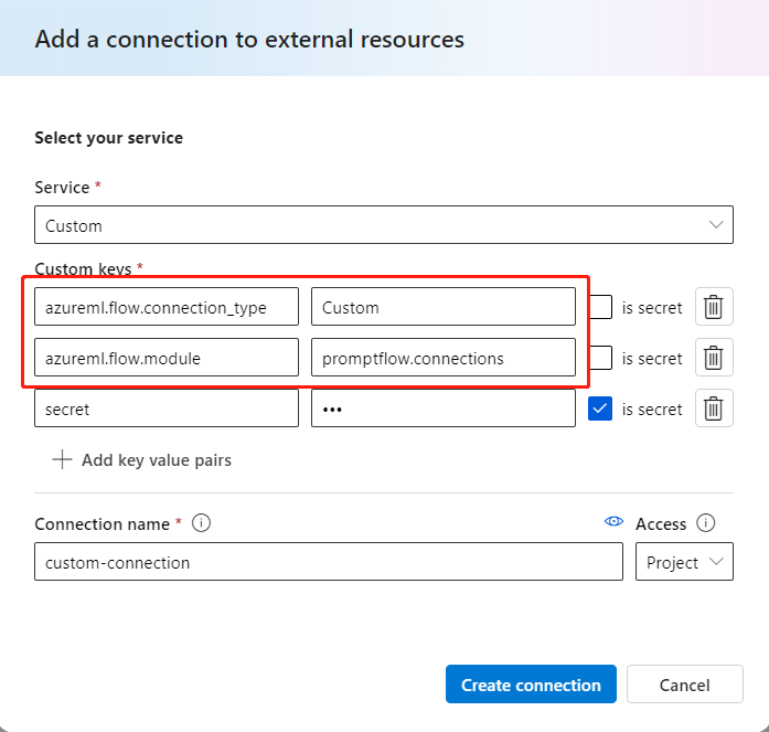 Screenshot that shows add extra meta to custom connection in AI Studio.