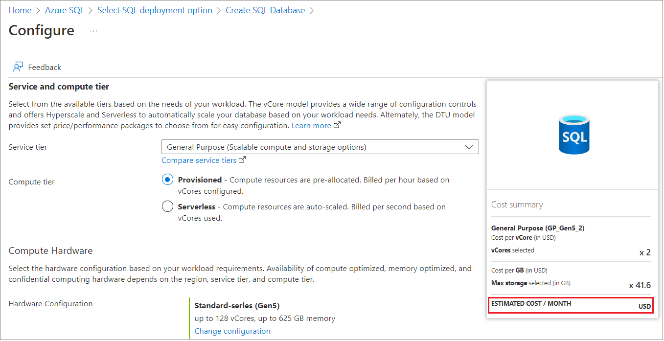 Screenshot of an example showing cost estimate in the Azure portal.