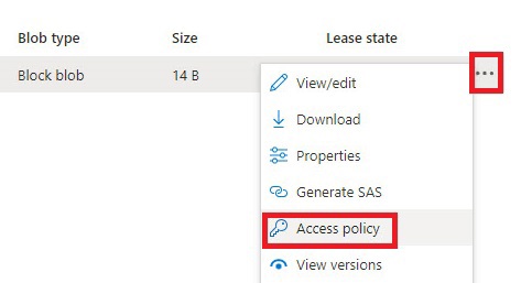 azure blob context menu