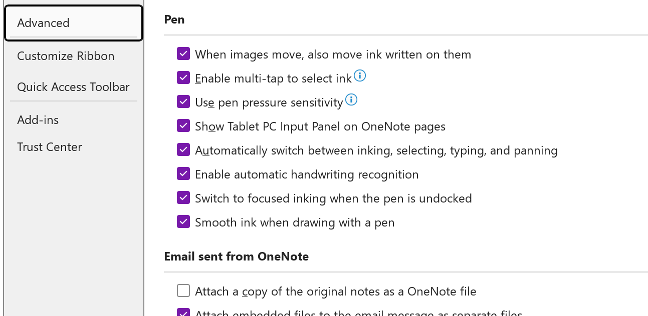 Screenshot of the Advanced Pen options